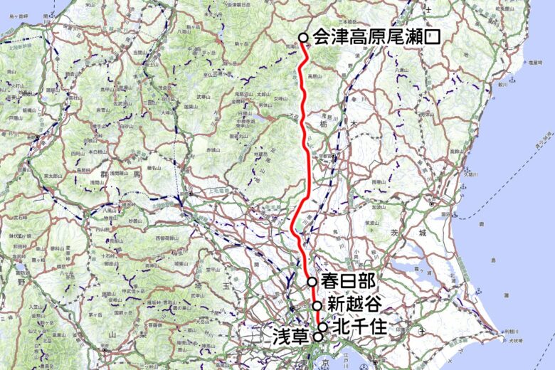 東武鉄道の夜行列車「スノーパル」運転区間（国土地理院の地図を元に作成）
