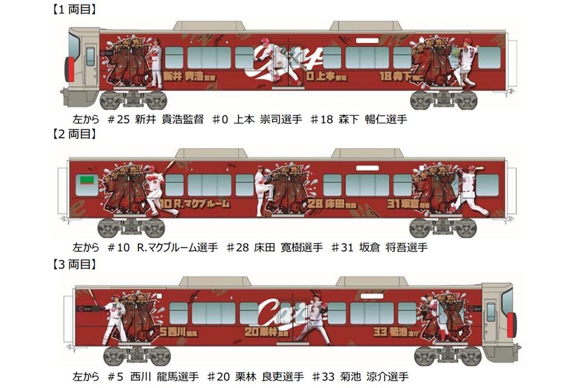 「カープ応援ラッピングトレイン 2023」デザイン（画像：JR西日本）