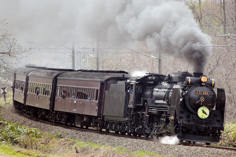 旧型客車をけん引するD51形蒸気機関車