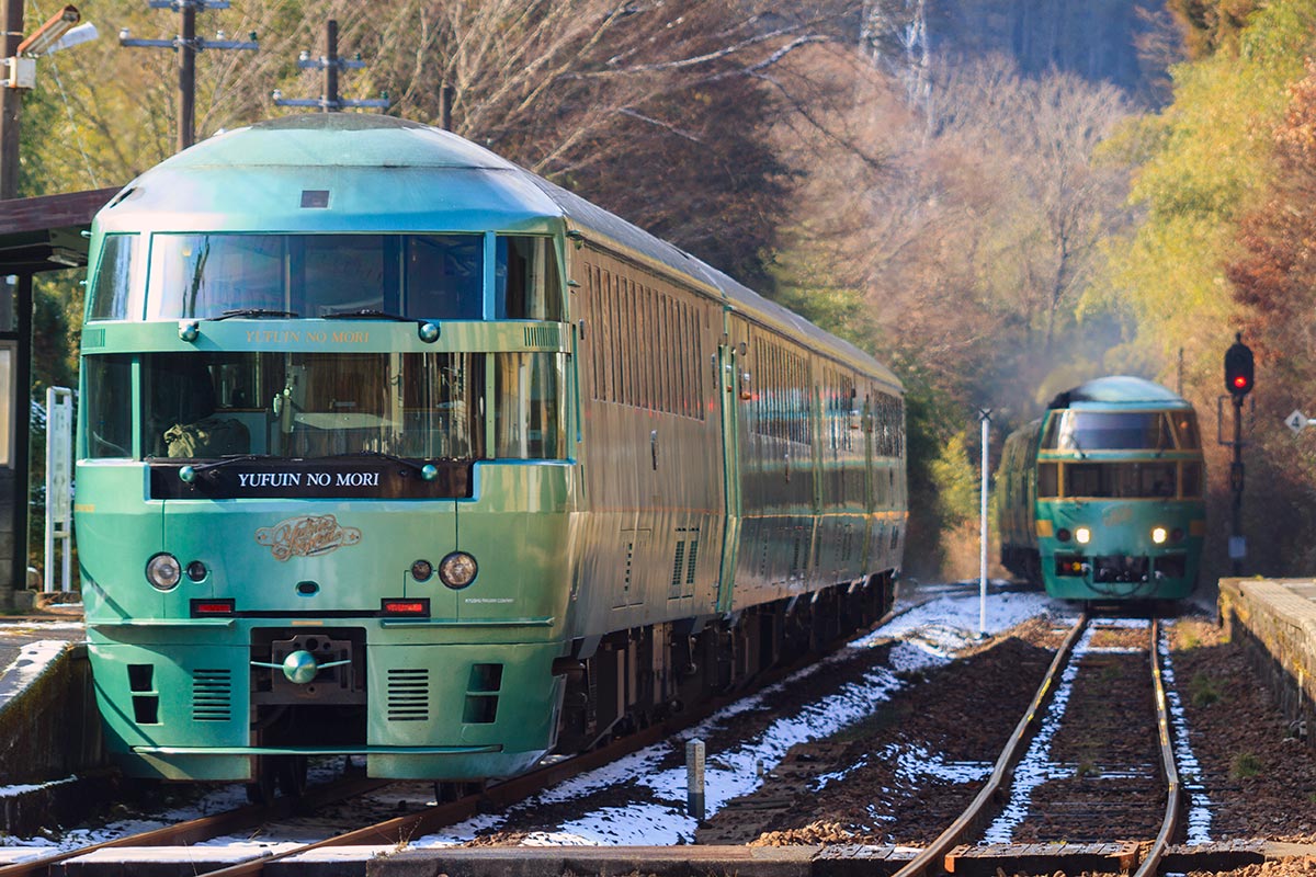 JR九州の観光列車「ゆふいんの森」III世（左）とI世（右）
