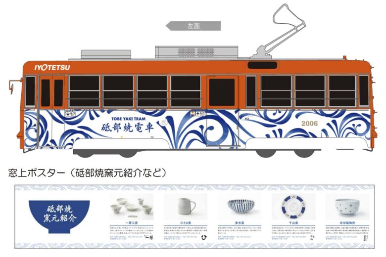 「砥部焼電車」外観と窓上ポスターのイメージ（画像：伊予鉄グループ）
