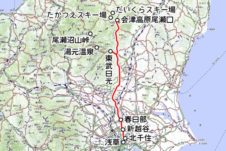 東武鉄道の観光列車「尾瀬夜行23：45」運転区間（国土地理院の地図を元に作成）