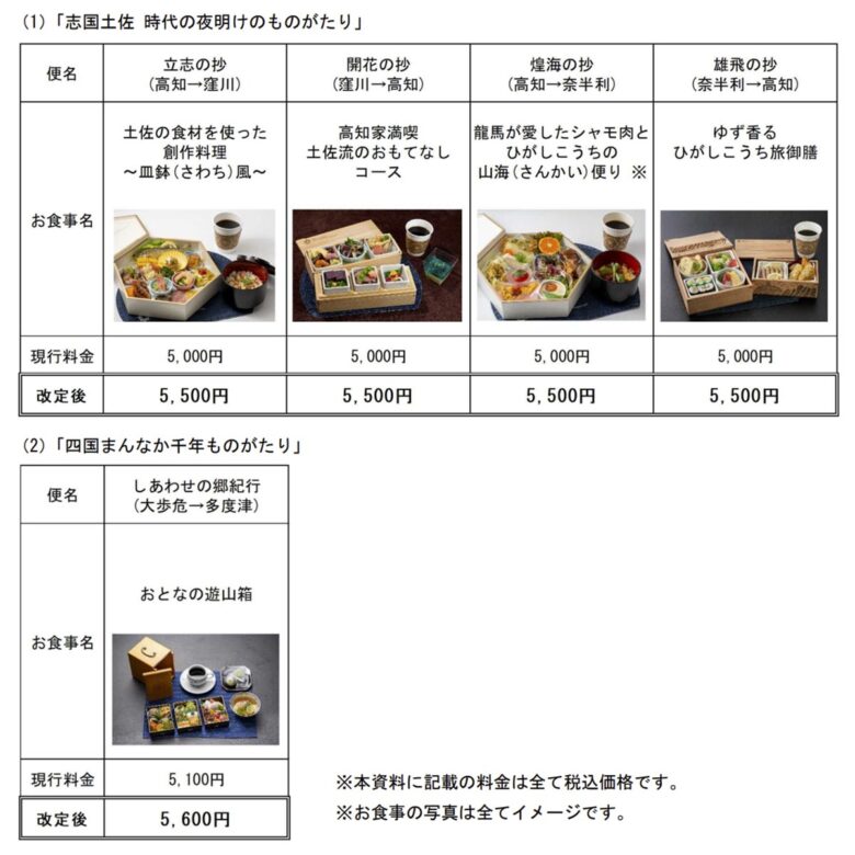 改定される「ものがたり列車」の食事料金（画像：JR四国）
