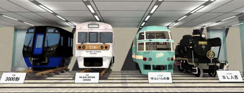 「バーチャル博多駅」へ展示されたJR九州と西鉄の車両（画像：JR九州）