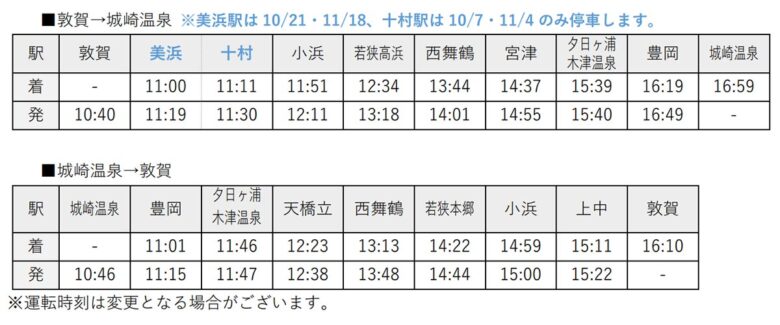 「キハ189系団体臨時列車」時刻表（画像：JR西日本）