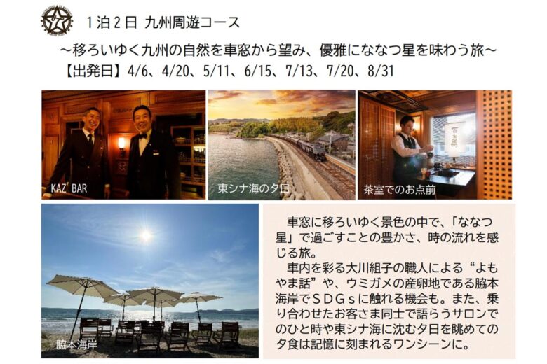 豪華寝台列車「ななつ星in九州」2024年春夏の「1泊2日九州周遊コース」（画像：JR九州）