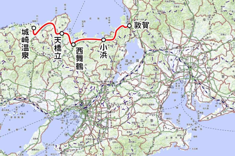 JR西日本の観光列車「はなあかり」運転区間（国土地理院の地図を元に作成）