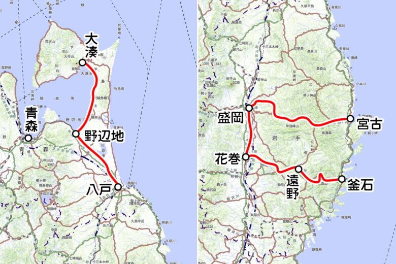 JR東日本の観光列車「ひなび（陽旅）」運転区間（国土地理院の地図を元に作成）