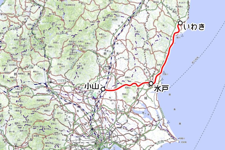 JR東日本の観光列車「E501 SAKIGAKE」運転区間（地理院地図を元に作成）