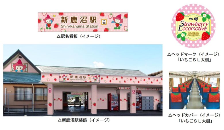 「いちごカラー」に装飾した新鹿沼駅、「いちごSL大樹」のイメージ（画像：東武鉄道）