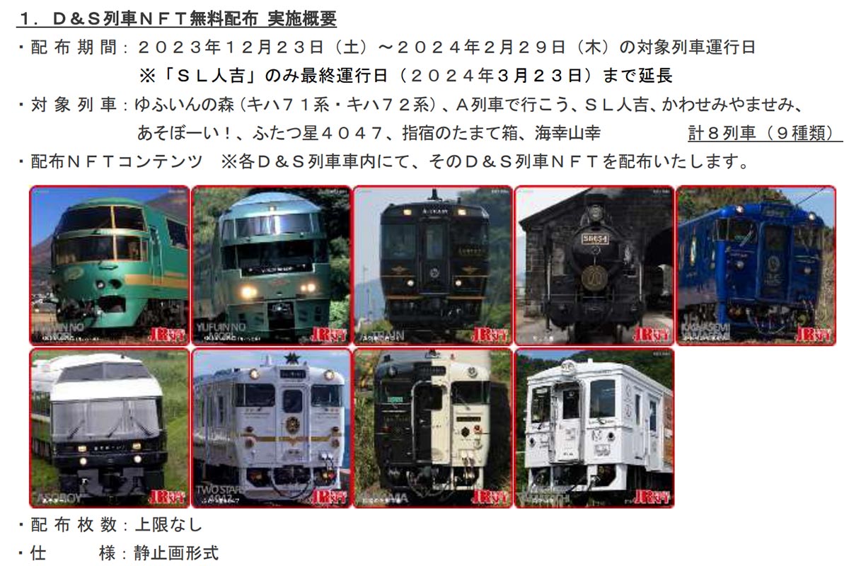 D＆S列車で無料配付されるNFT（画像：JR九州）