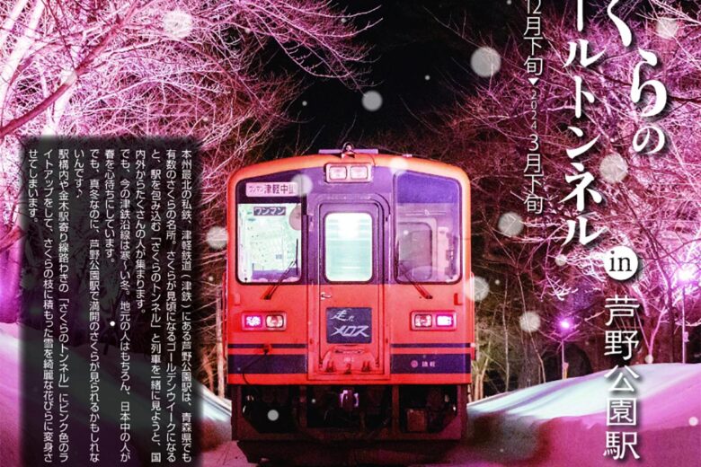 「雪さくらレール・トンネル in 芦野公園駅」（画像：津軽鉄道）