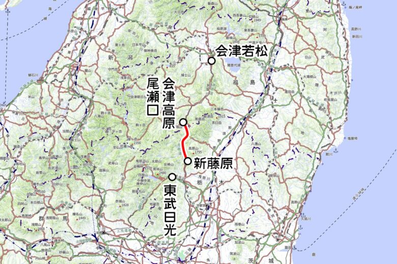 野岩鉄道の観光列車「やがぴぃ号」運転区間（地理院地図を元に作成）