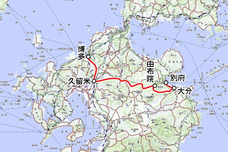 JR九州の観光列車「かんぱち・いちろく」運転区間（地理院地図を元に作成）