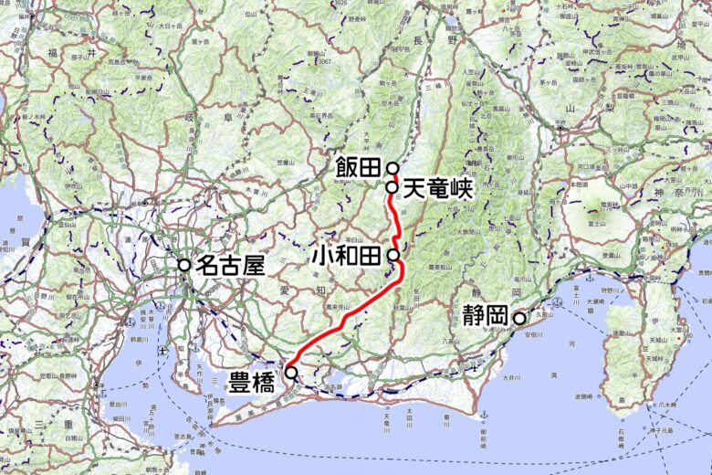 JR東海の観光列車「飯田線秘境駅号」「ディスカバー飯田線号」運転区間（地理院地図を元に作成）