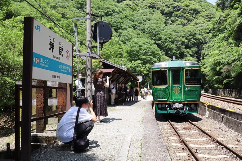 坪尻駅に停車する観光列車「四国まんなか千年ものがたり」