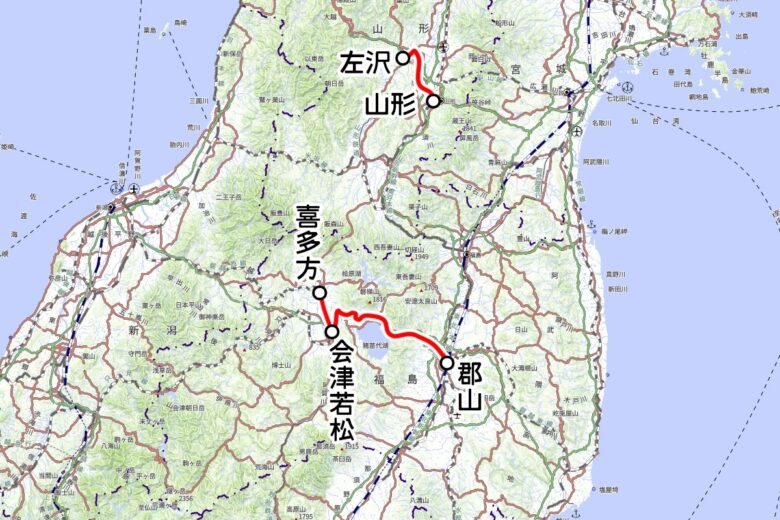 JR東日本の観光列車「SATONO（さとの）」運転区間（地理院地図を元に作成）