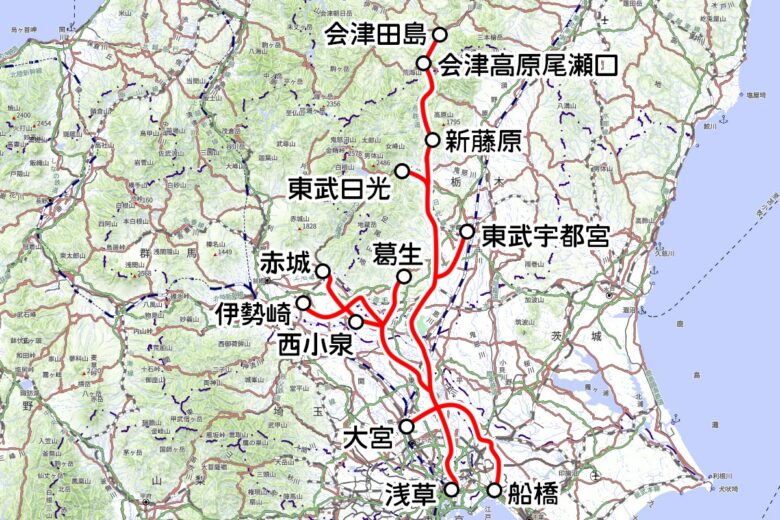 東武鉄道の観光列車「スカイツリートレイン」運転区間（地理院地図を元に作成）