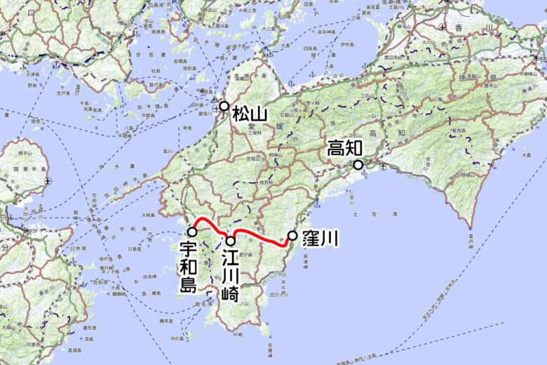 JR四国の観光列車「鉄道ホビートレイン」運転区間（地理院地図を元に作成）
