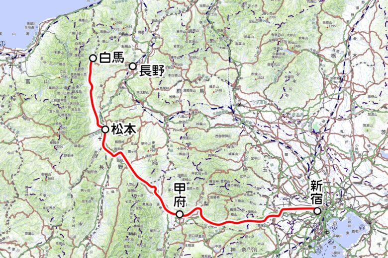 JR東日本の夜行列車「アルプス」運転区間（地理院地図を元に作成）
