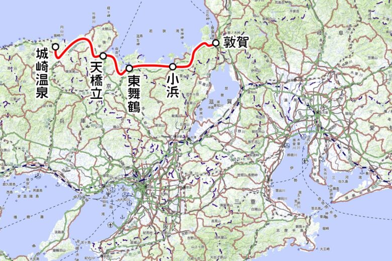 JR西日本の観光列車「はなあかり」運行区間（地理院地図を元に作成）