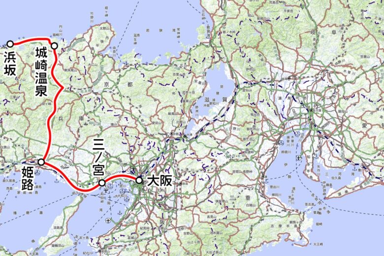 JR西日本の観光列車「はなあかり」運行区間（地理院地図を元に作成）