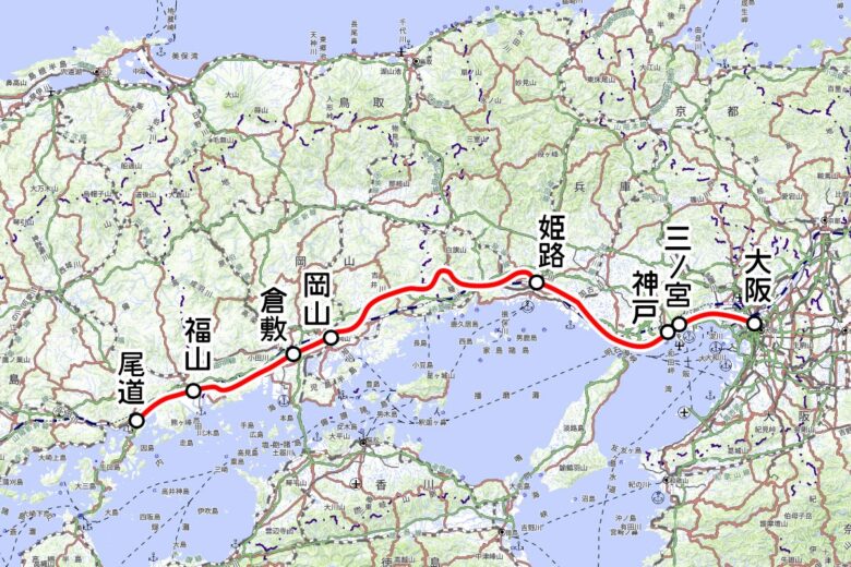 JR西日本の観光列車「はなあかり」運行区間（地理院地図を元に作成）