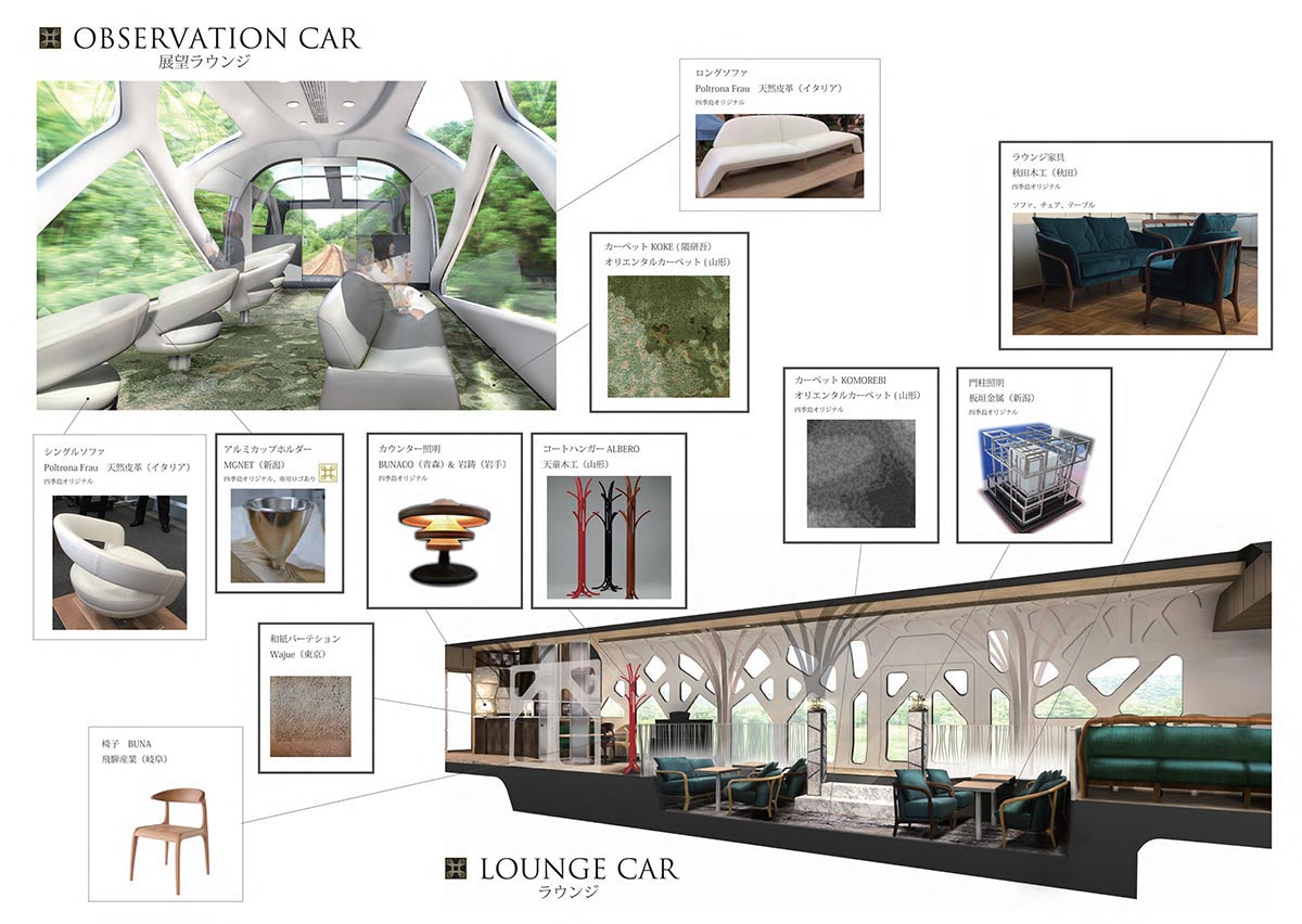 豪華寝台列車「TRAIN SUITE 四季島」の「VIEW TERRACE きざし・いぶき」「LOUNGE こもれび」イメージ(画像:JR東日本)